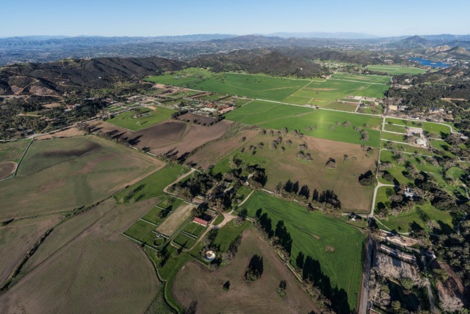 Aerial view of fields and pastures in Hidden Valley near Westlake Village